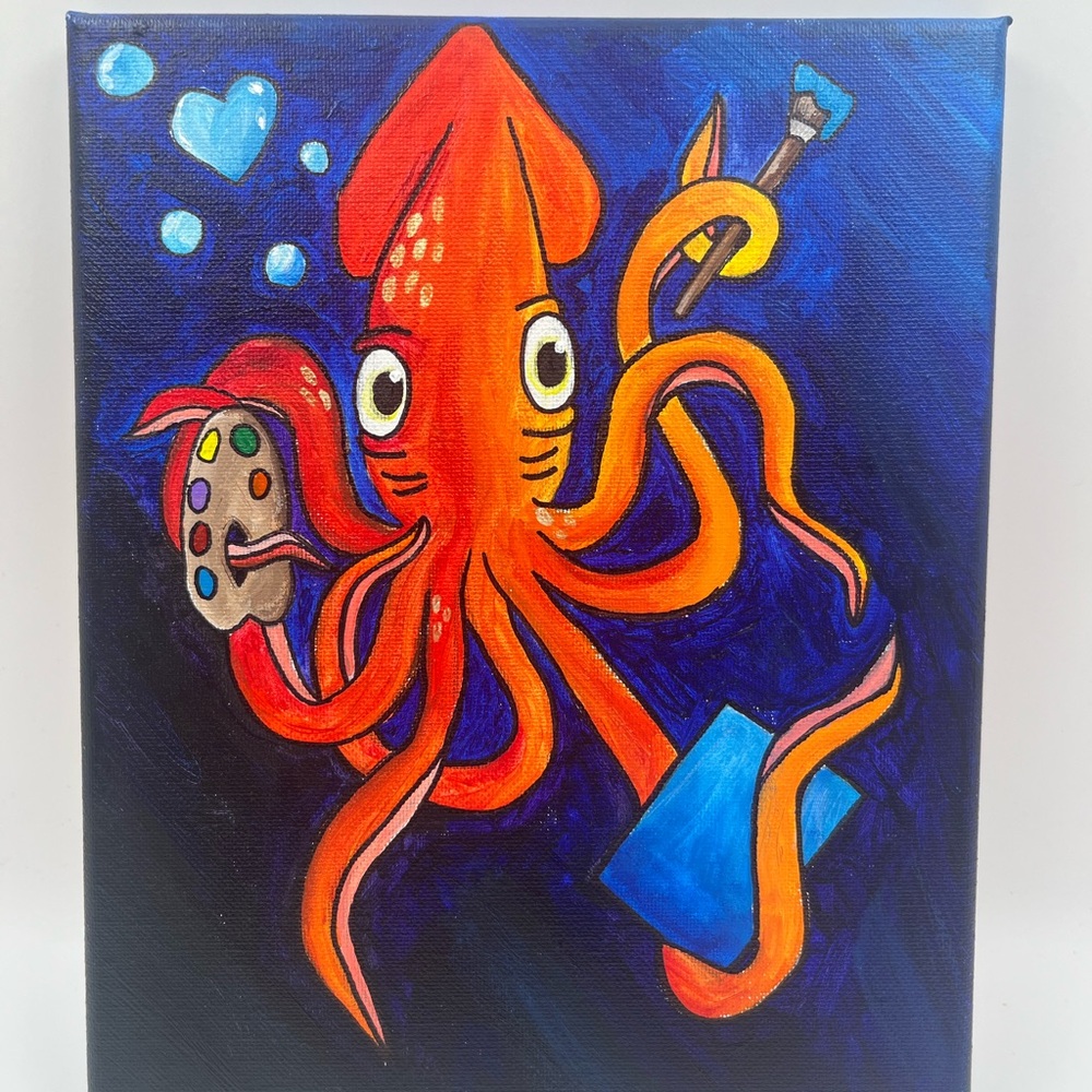 Handmade Orange Acrylic Painting Artist Squid Canvas Art Ocean Animal